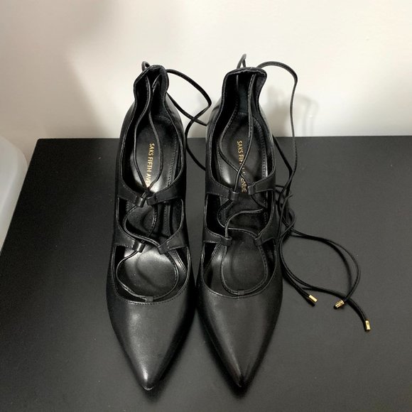 Saks Fifth Avenue Black Lace Up Stilettos - Picture 4 of 11